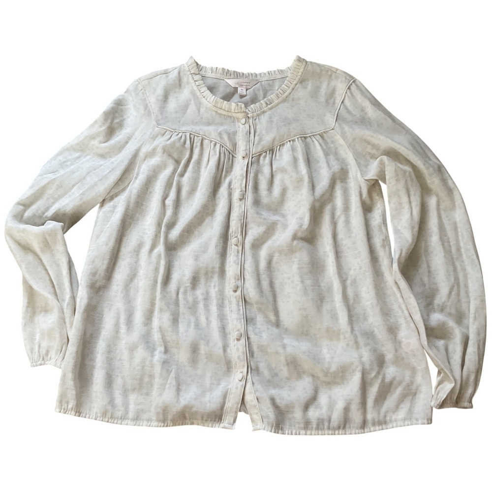 Lauren Conrad Womens Cream Ruffle Neck Long Sleeve Button Down Blouse Size M